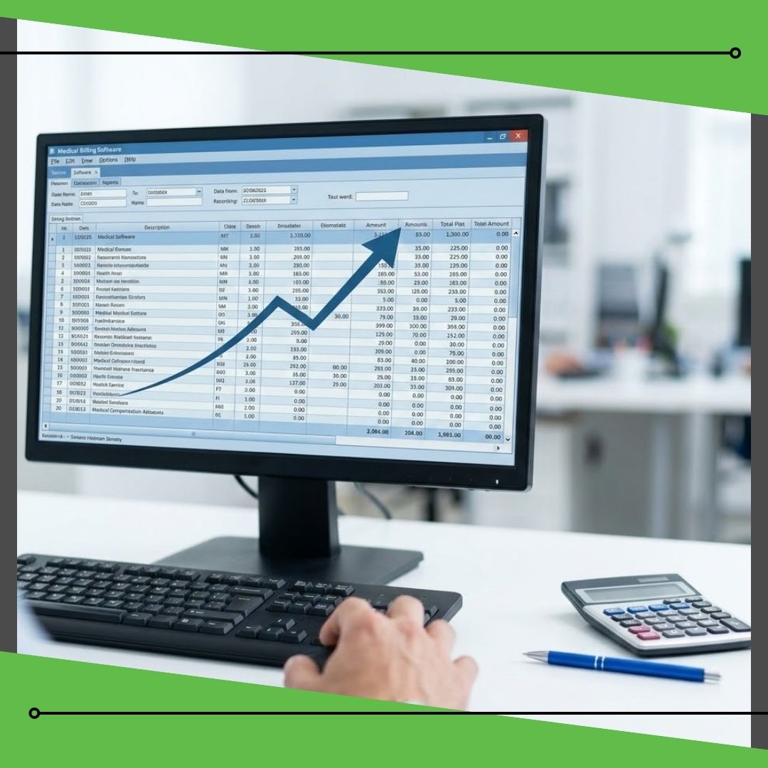 analyst's hand using a mouse in a professional medical billing office. The computer monitor displays complex medical billing software data with upward trending numbers, suggesting improved recovery on write-offs