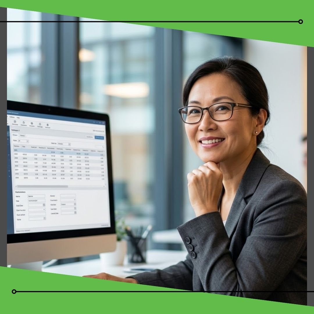 data analyst, with glasses and in professional attire, seated at her desk looking assured