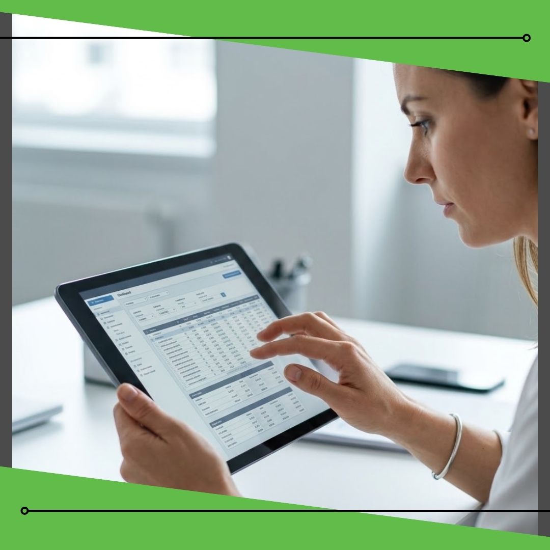 a professional woman using a modern tablet in an office setting