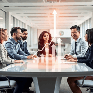 Professionals collaborating around a modern table with holographic growth charts in a bright, open office space filled with natural light.
