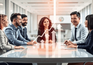Professionals collaborating around a modern table with holographic growth charts in a bright, open office space filled with natural light.